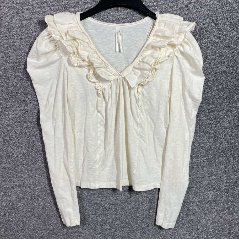 Anthropologie Top Womens‎ S Cream White Ruffle V-Neck Puff Sleeve Cotton